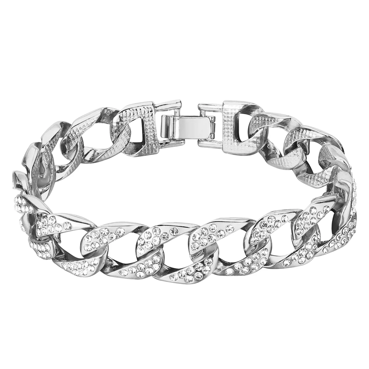 Men Hip Hop Curb Cuban Link Chain Bracelet Silver Color Iced Out Rhinestones Bracelet Rapper Rock Crystal Bracelets&Bangles