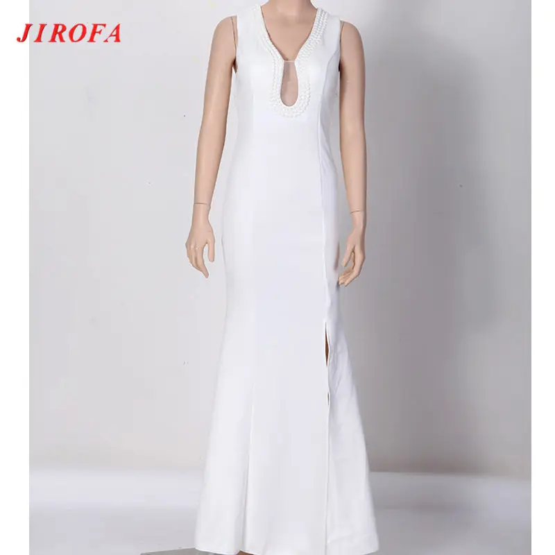 Летнее платье женские вечерние платья Verano элегантные с v-образным вырезом без рукавов Бисероплетение облегающее сексуальное длинное платье свадебное - Цвет: Sytle3 White
