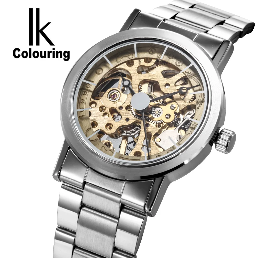 

IK Colouring Brand Mechanical Hand Wind Watch Nail Scale Hollow Back Cover Luminous Hardlex Full Steel Business Men Watch