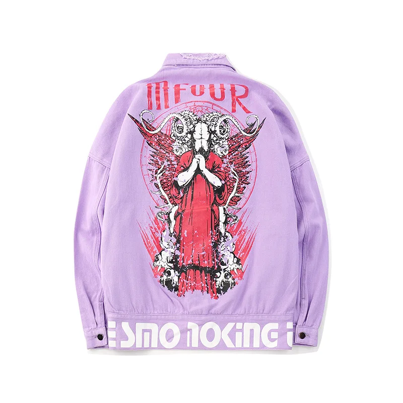 

Autumn Satan Goat Head Occult Symbol Printed Ripped Denim Jackets Men Hip Hop Casual Distressed Jeans Coats Male