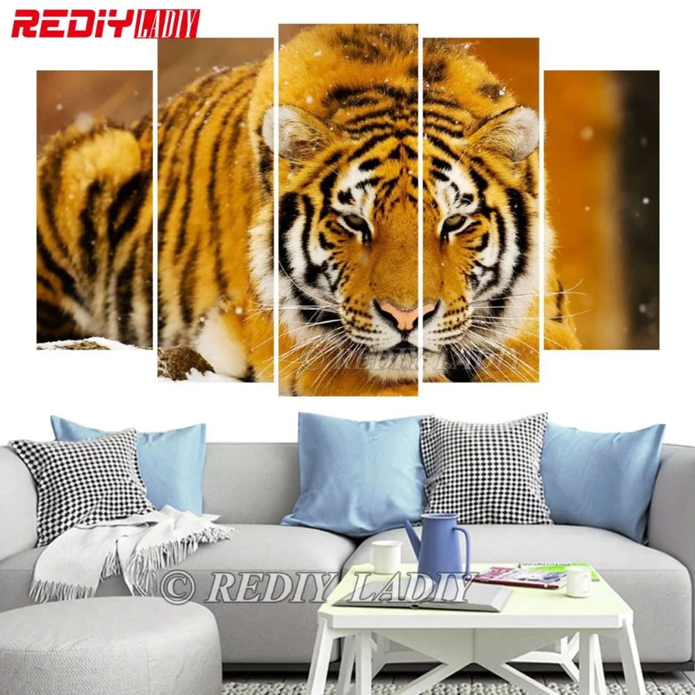 

REDIY LADIY Diamond Embroidery Triptych DIY Diamond Painting Cross Stitch King of Tiger 5 Panels Modular Picture Wall Art Crafts