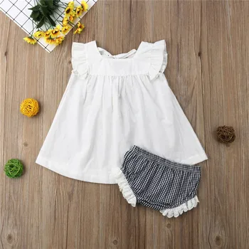 

Summer baby girl clothing Set White Fly sleevesless T-shirt Tops+CottonShort baby girl clothes Newborn Outfits