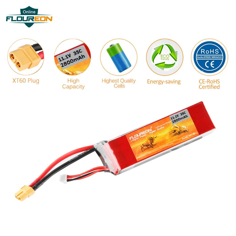 

FLOUREON 11.1V 2800mAh 35C Lipo RC Battery 3S for RC Control Rechargeable Li-poly Batteries Pack XT60 Plug for Helicopter