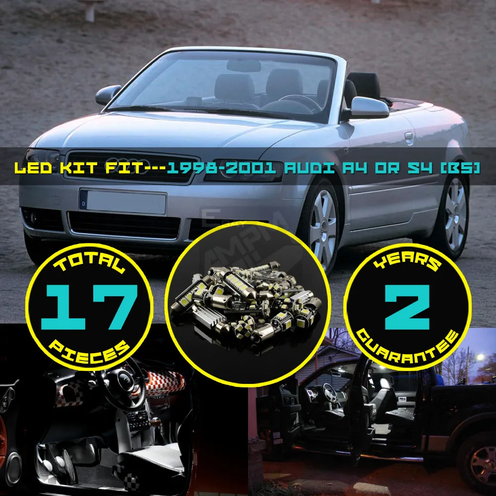 

17X Canbus Dome Foot Well Door License Plate Light White Error Free LED Interior Package Kit Fit for A4 or S4 (B5) 1998-2001 #60