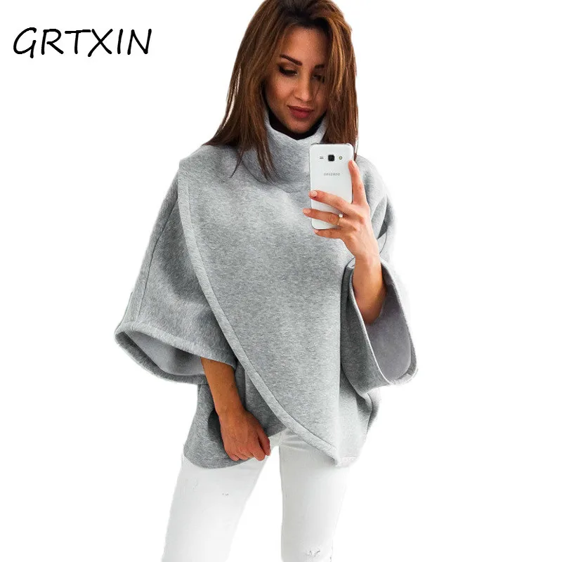 

Winter Asymmetrical Warm Turtleneck Oversized Hoodies Sweatshirt Women Casual Loose Flare Sleeve Tracksuit Female