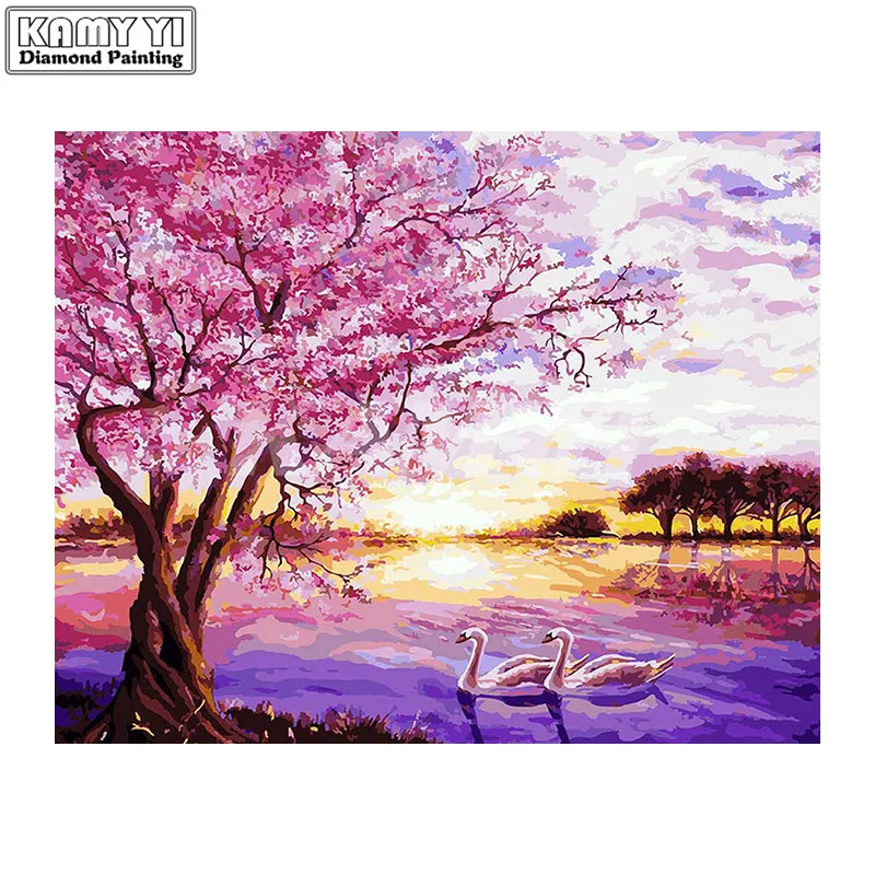

Landscape embroidery sakura lake swan DIY Diamond Painting Cross Stitch kits Diamond Mosaic bead pattern puzzle picture hcr10