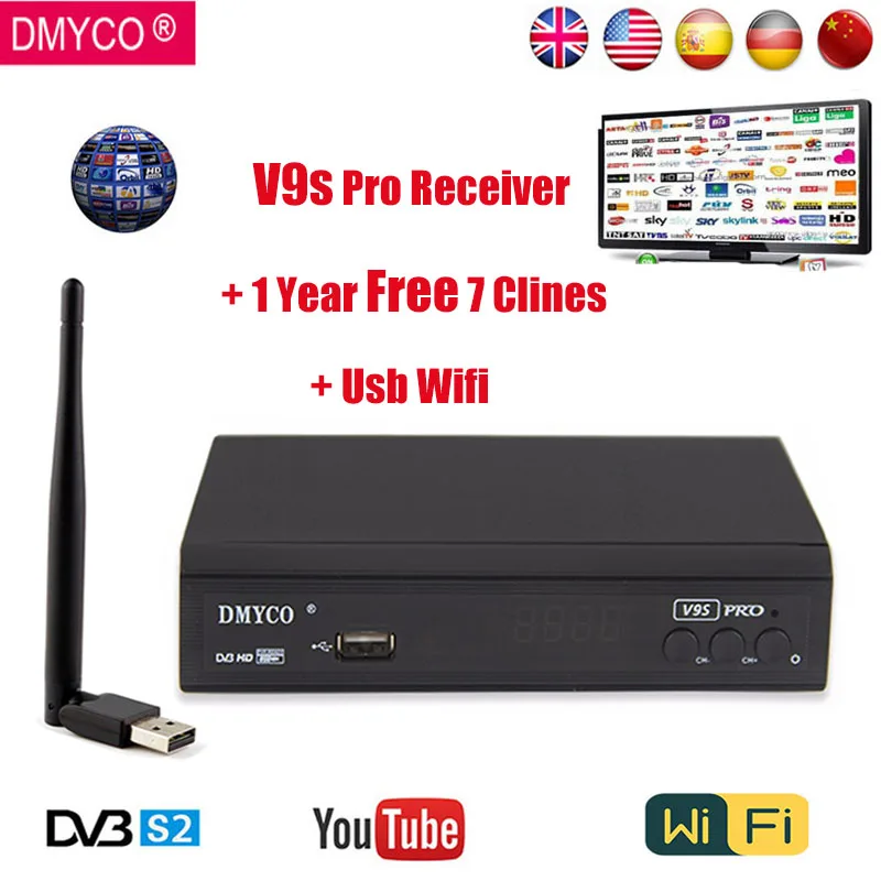 

DMYCO V9S PRO Receptor DVB-S2 Full HD 1080P FTA lnb Satellite Decoder With Usb wifi cable Suooprt BISS Key Powervu Youtube