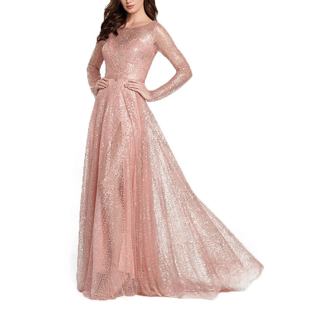 

Dress Lady Solid Color Long-Sleeved Gilt Sequin Dresses Summer Slim Lace Decoration Solid Color Party Sundress #BL2