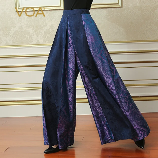 voa 2017 fall plus size loose purple wide leg pants silk jacquard plus size purple pants