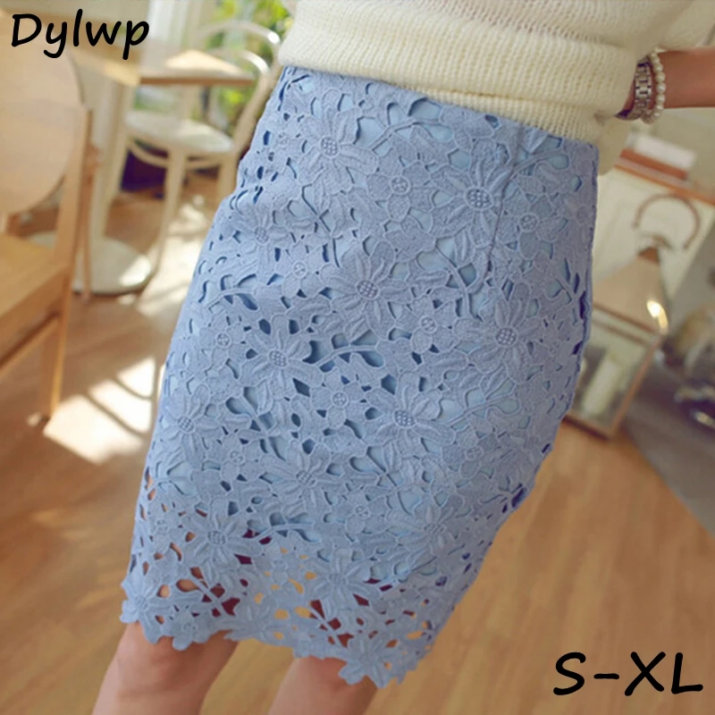 

2019 Summer Women Lace Crochet Pencil Skirt Casual Korean Style Office Bodycon Skirt Ladies Solid High Waist Slim Mini Skirts