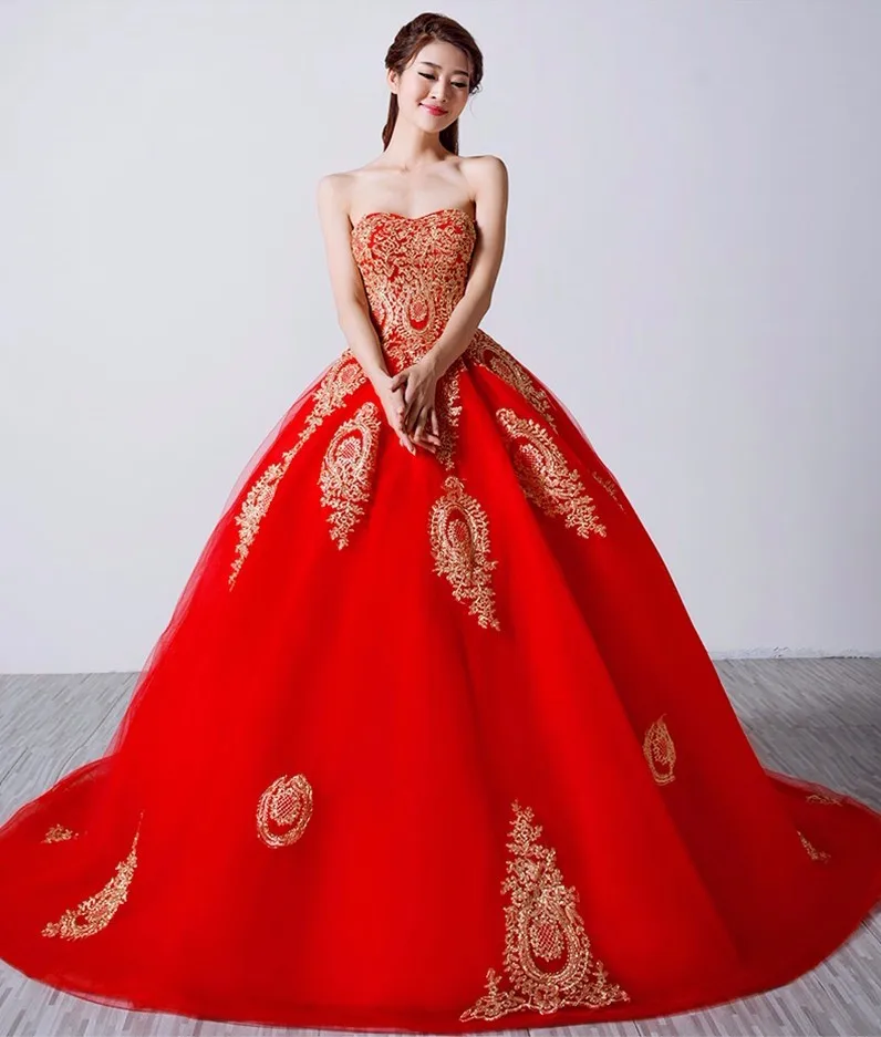 Luxury Ball Gowns Red Wedding Dress Ball Gown Gold Applique Lace Court