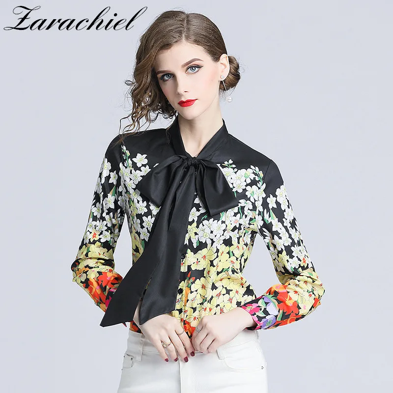 

New Fashion Women Tops Elegant Flower Print Blouse Shirt Ladies Vintage Long Sleeve Blusas Bow Tie Collar Casual Chiffon Blouse