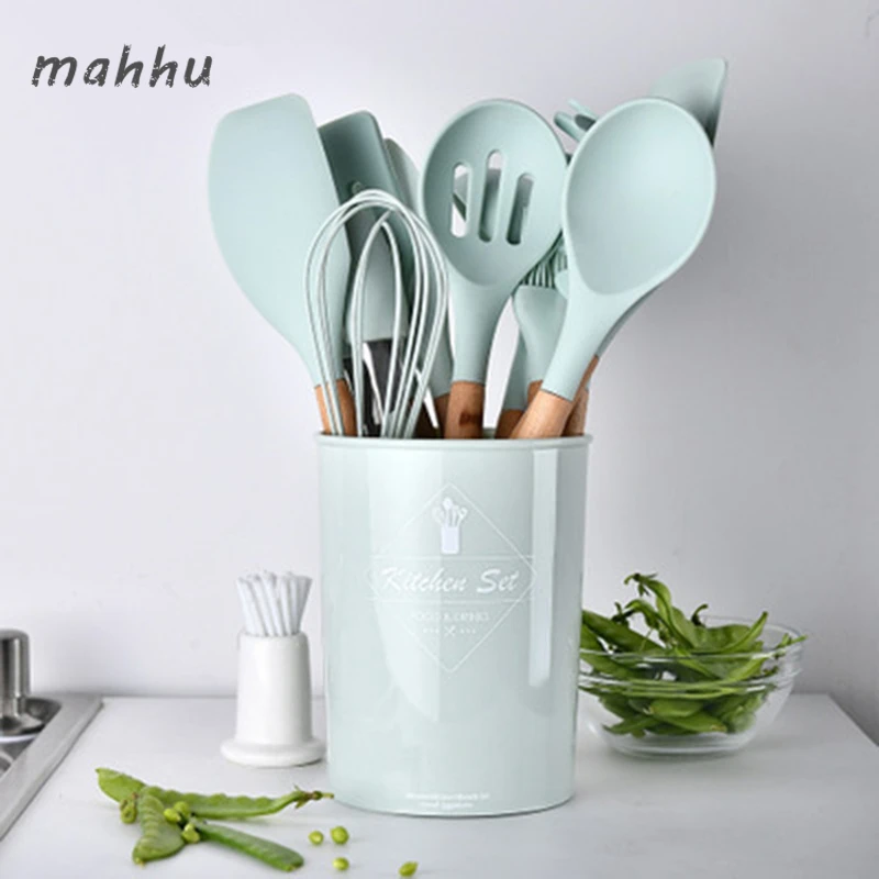

Green Cooking Tools Set Premium Silicone Kitchen Cooking Utensils Set With Storage Box Turner Tongs Spatula Soup Spoon 9/10/12pc