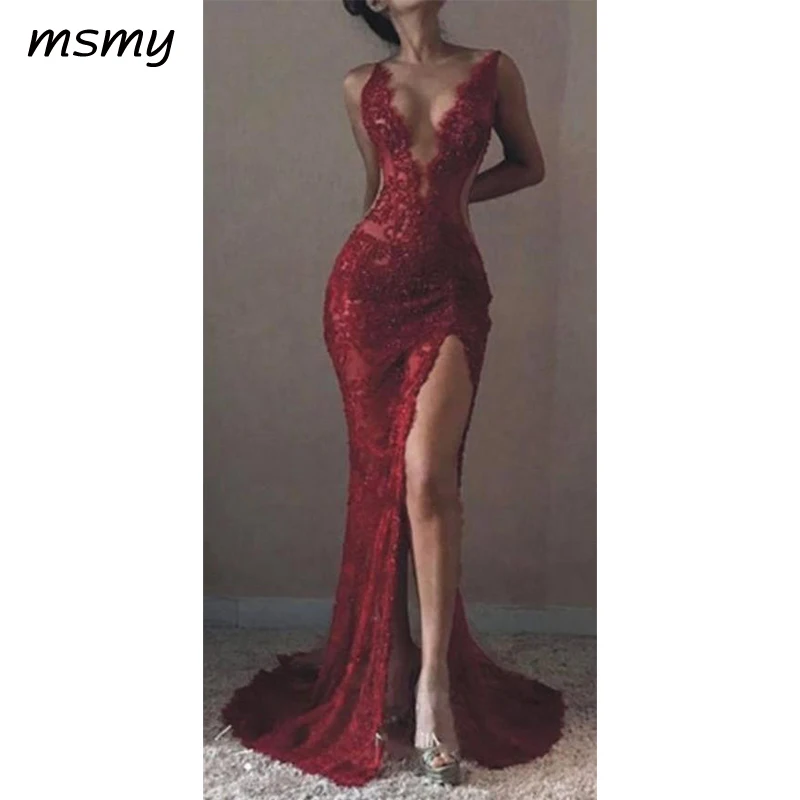 Charming Elegant Red Full Lace Mermaid ELegant Side Split Prom Dresses=