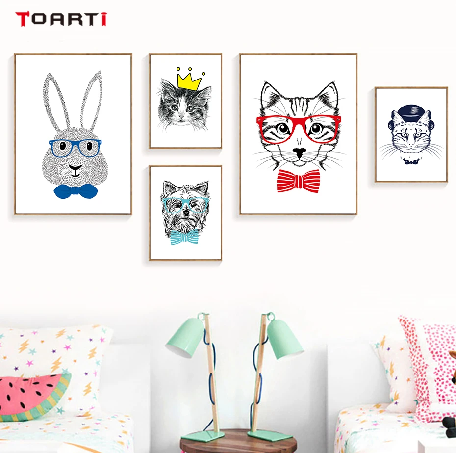 Black&White Pets Wear Colorful Clothes Wall Art Line Drawing Lovely Cartoon Poster Living Room Home Decor Nursery Picture Prints (1)