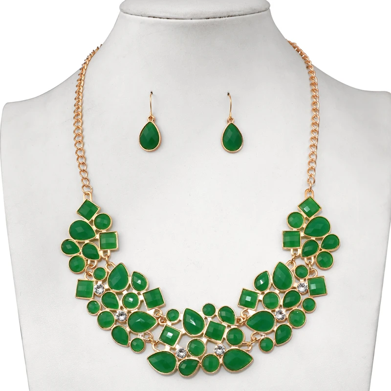 Роскошный женский золотой комплект ювелирных изделий, свадебное ожерелье, серьги, Свадебный комплект ювелирных изделий, зеленый драгоценный камень, циркон, кристалл, юбилейное ожерелье, набор