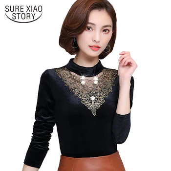 

2017 autumn Fashion diamonds lace spliced women velour blouse vintage casual o-neck long sleeves bottoming shirt blusas 890H 30