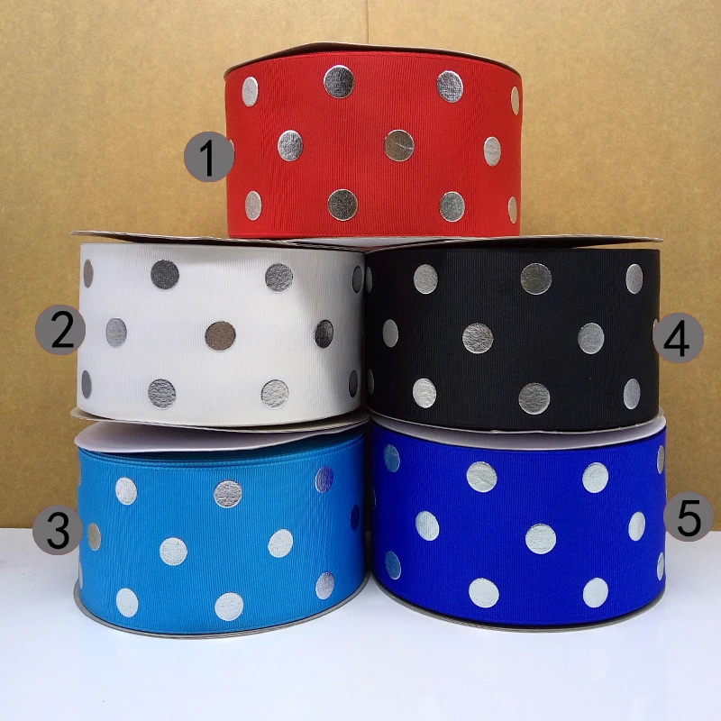 

Free shipping 50 yard per color silver foil polka dots printed grosgrain ribbon