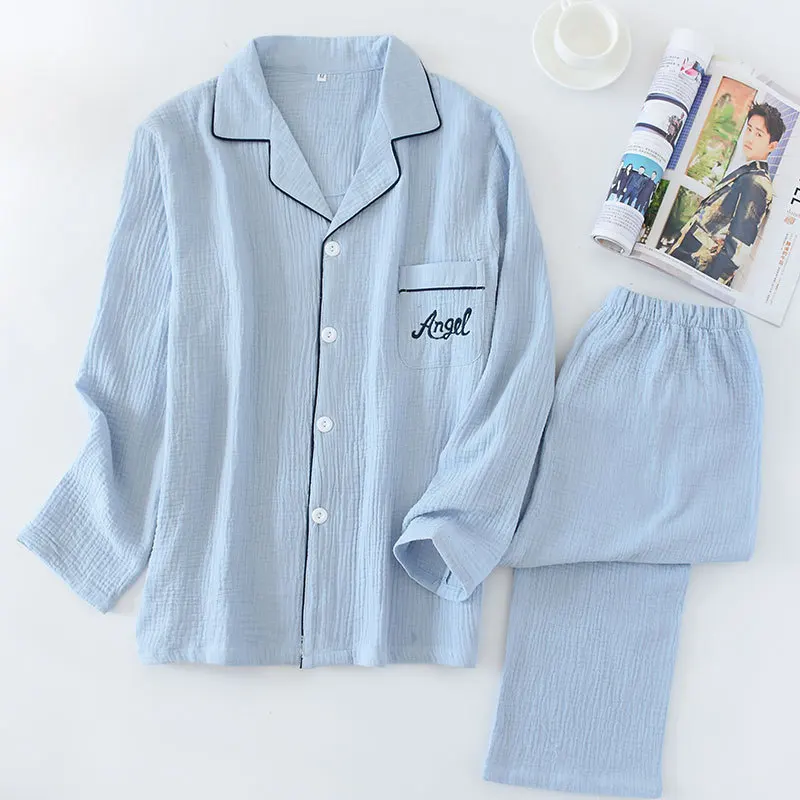 Men TZ sky blue Однотонные пижамы для пары crape хлопковые Пижамные комплекты для влюбленных женские весенние повседневные пижамы с длинным рукавом для мужчин - Цвет: Men TZ sky blue