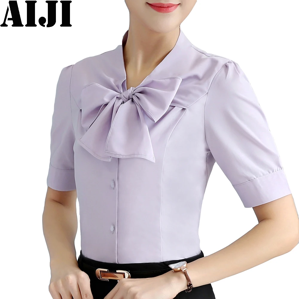 2018 V neck Bow Tie Blouses Summer Women Tops Short Sleeve Casual Chiffon Blouse Female Work 