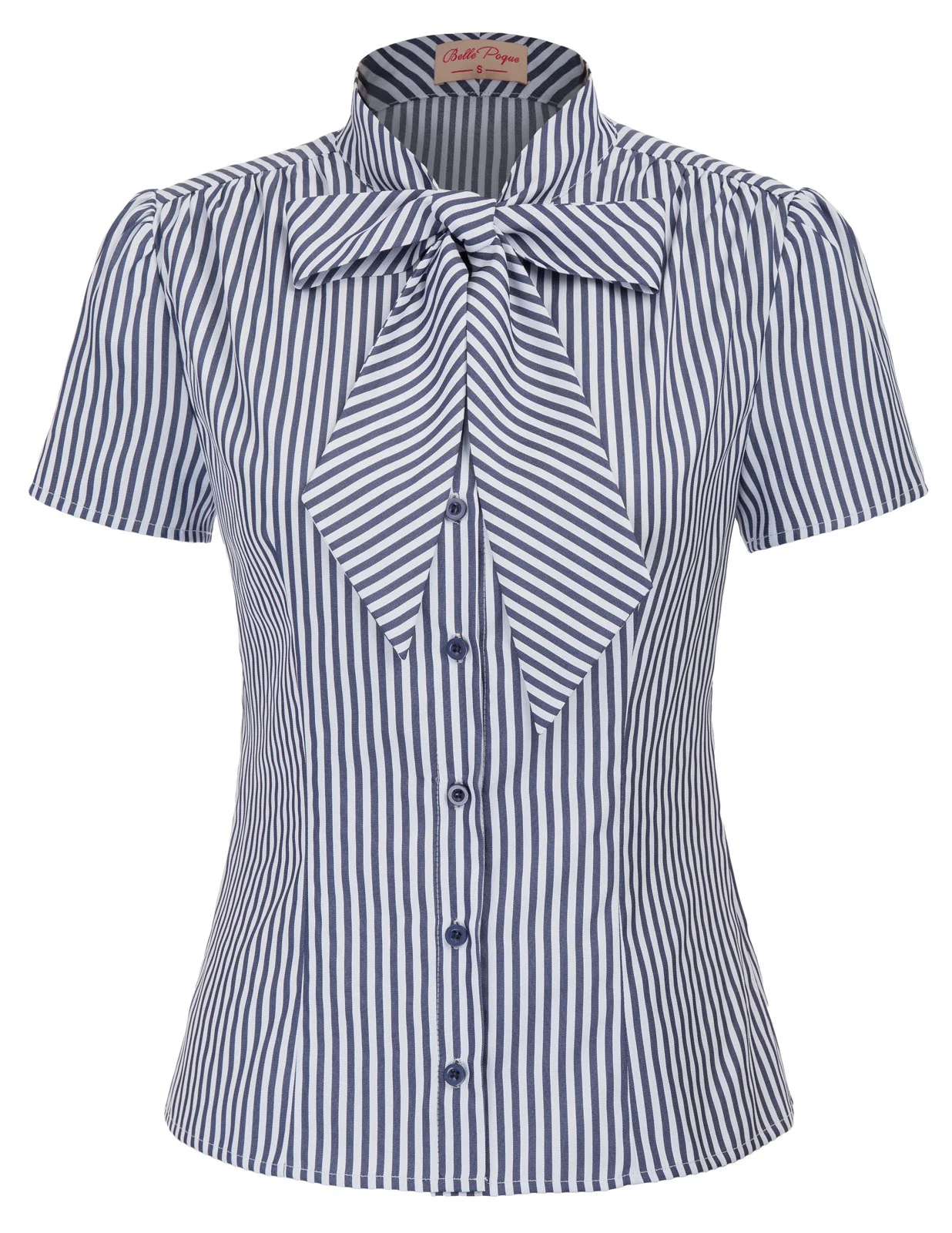 Navy Stripe Женская стильная рубашка на пуговицах с коротким рукавом и галстуком-бабочкой Классическая полосатые майки в винтажном стиле camisetas mujer - Цвет: Navy Stripe