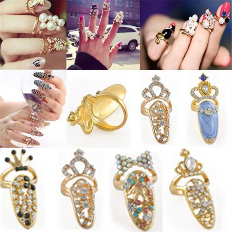 

10pcs Rhinestone Cute Bowknot Finger Nail Ring Female Charm Crown Flower Crystal Personality Nail Art Rings Dia 13mm