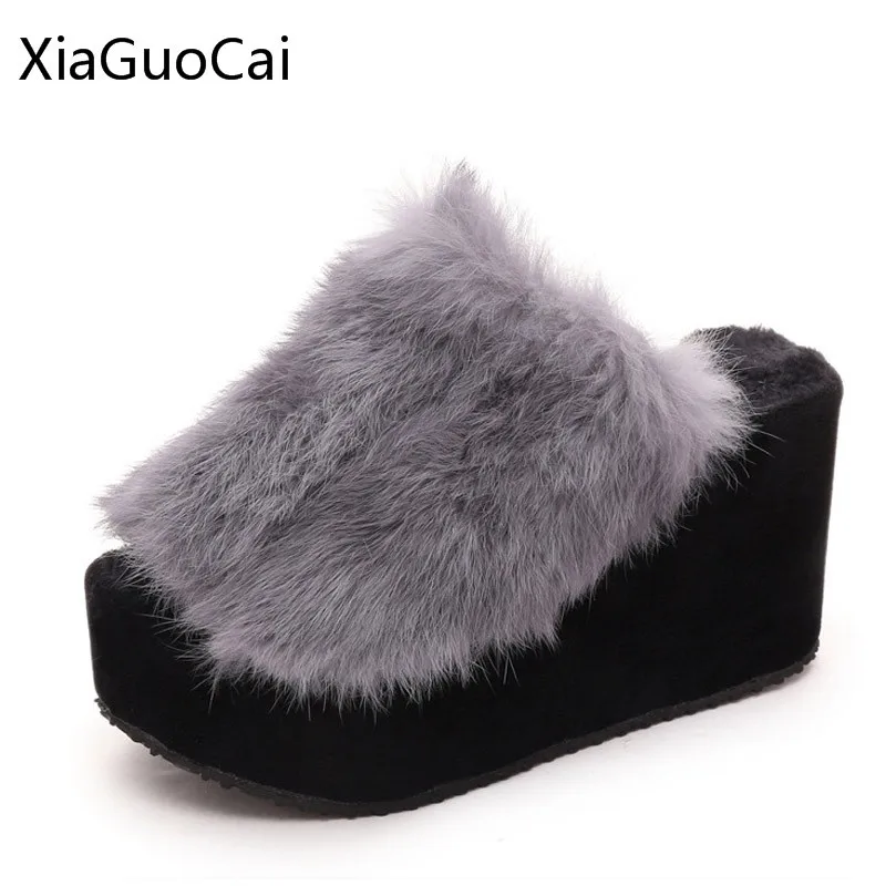 

2017 Autumn and Winter Rabbit Fur Slippers Women Platorm Home Slippers Genuine Leather Wedge Shoes X1361 35