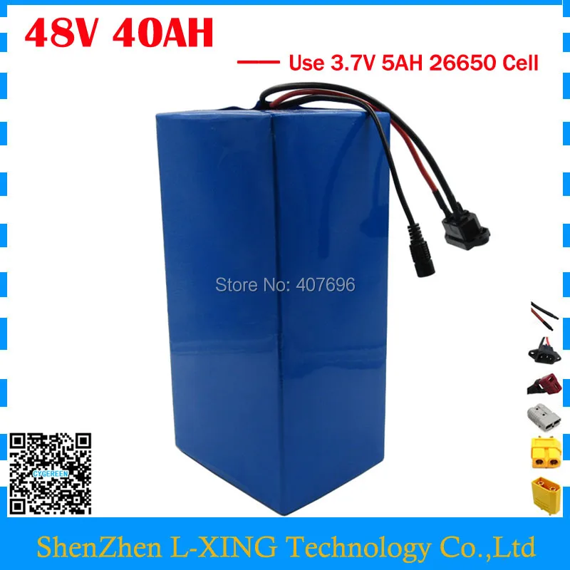 

Free customs duty 2000W 48V Li-ion Bike battery lithium battery 48v 40ah use 5000MAH 26650 cell 50A BMS with 54.6V 3A Charger