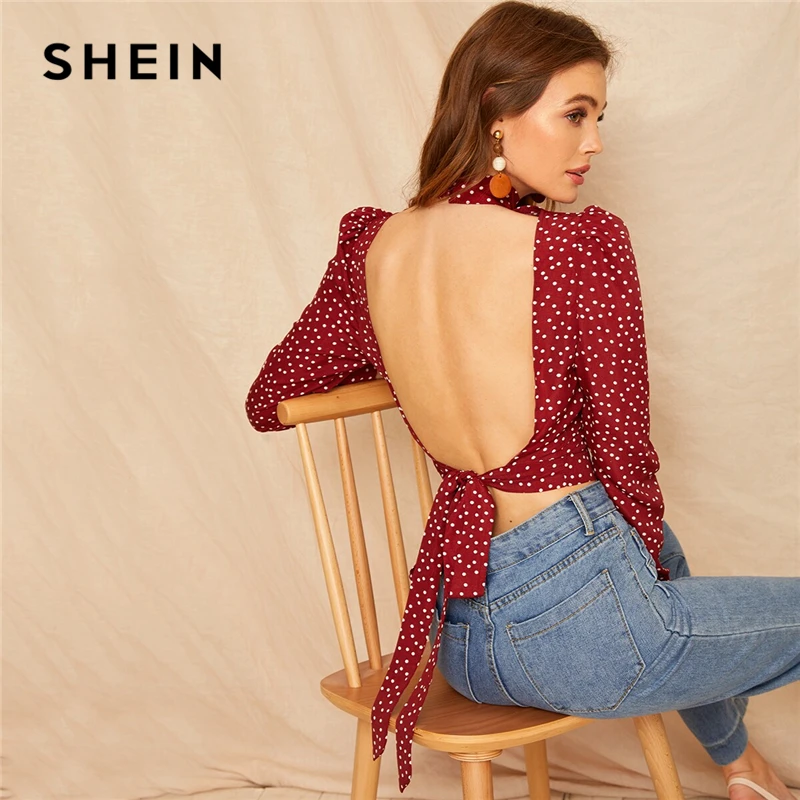  SHEIN Sexy Bow Knot Open Back Polka Dot Print Crop Blouse Women Spring High Neck Backless Short Blo
