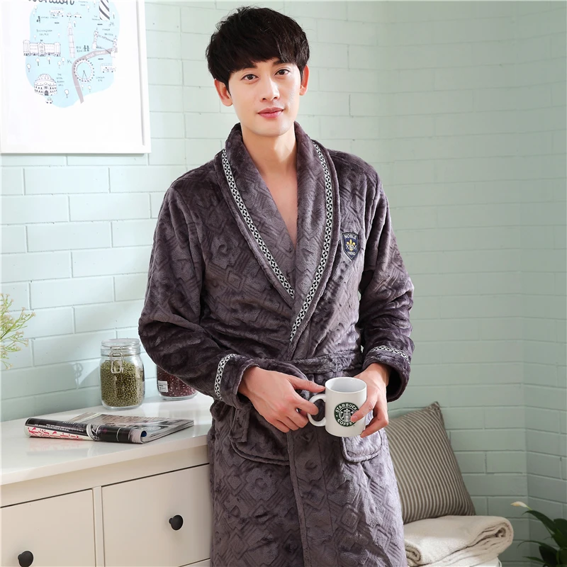 Flannel nightgown male autumn winter coral velvet bathrobe thicker longer section bathrobe men tracksuit Coral cashmere