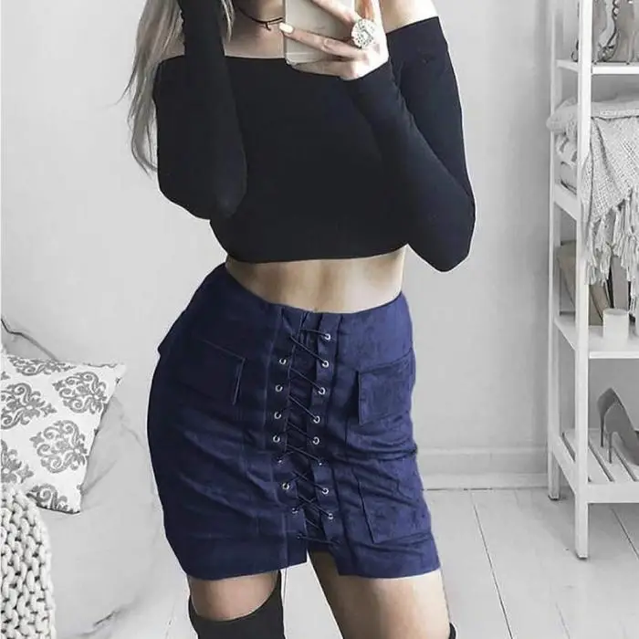 Women High Waist External Pocket Tight Suede Skirt Lace Up Autumn Winter Thick MiniPencil Skirts LF88