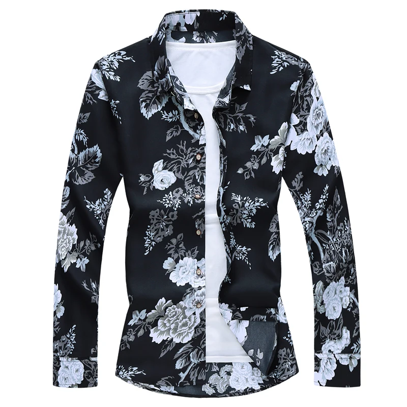 

Men Hawaiian Shirts Long Sleeved Ink Print Mens Dress Floral Shirts Camisa Social Masculina Men Casual Slim Fit Tops Shirts 7XL