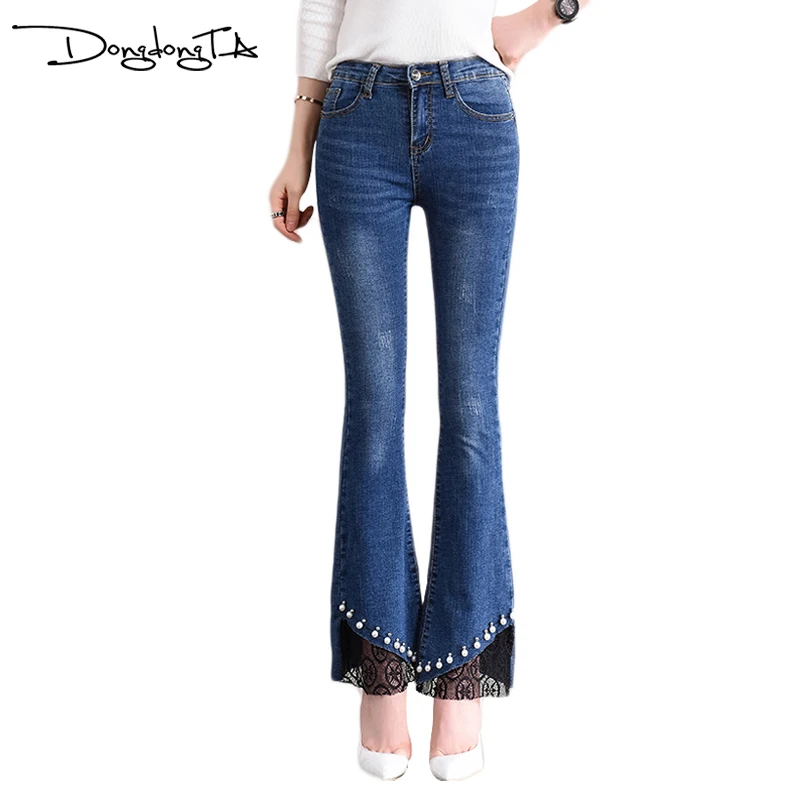 DONGDONGTA летние кружевные женские джинсы 2019 Новое поступление Высокая талия эластичные расклешенные джинсы для женские джинсовые однотонные