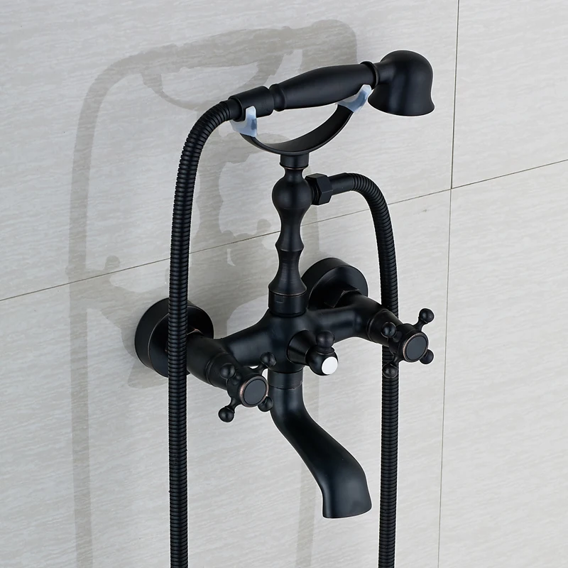 

Oil Rubbed Bronze Wall Mount Bathtub Faucet Dual Handles Swivel Spout Mixer Tap with Hand Sprayer