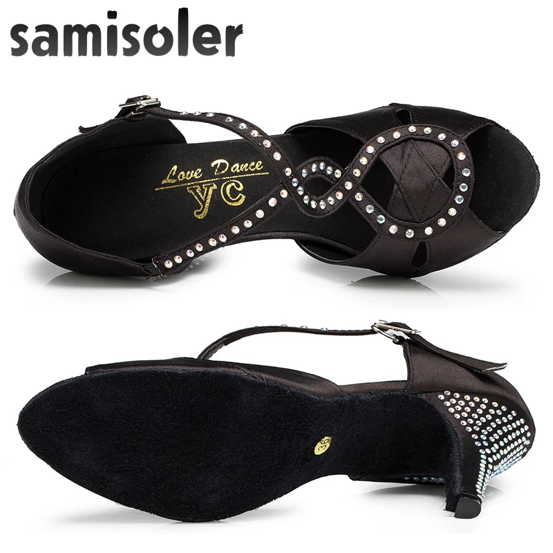 Samisoler Black/B New Cloth Collocation Shine Ribbons Ballroom Fashion Rhinestone Dance Women Latin Dance Competition Shoes