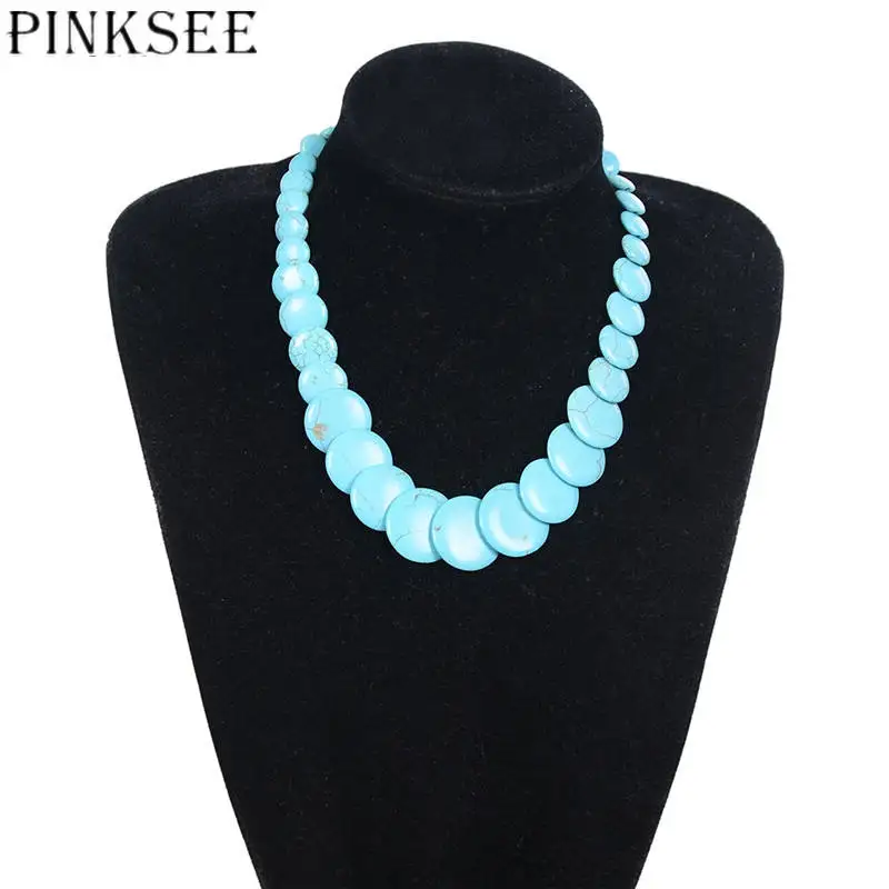 

PINKSEE New Simple Big Blue Color Natural Stone Pendant Necklace Beaded Choker Necklace for Girls Women Charm Jewelry