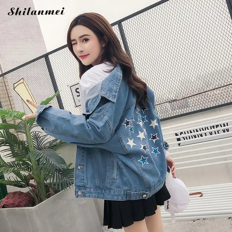 

2018 Fashion Women Denim Jackets Wash Stars Pattern Patchwork Loose Jeans Coat Full Sleeve Female Autumn Vintage Casual Outwear