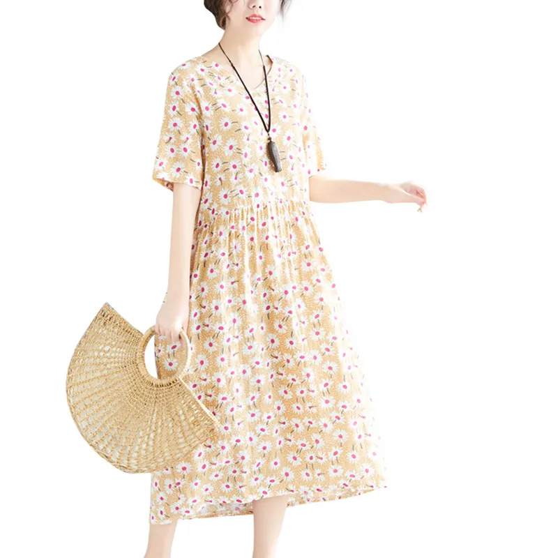 

Uego 2019 New Arrival Fashion Printing Floral Vintage Dress Soft Cotton Linen Short Sleeve Summer Dress Women Casual Midi Dress