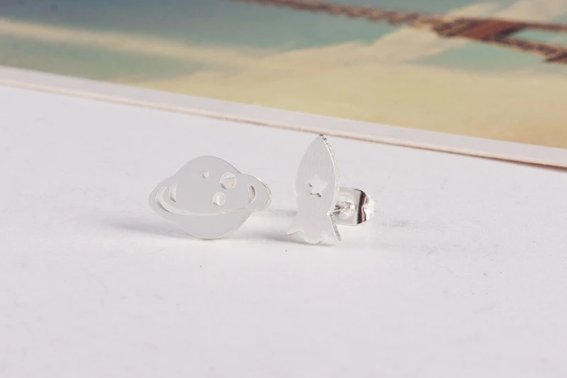 Stainless Steel Planet Saturn & Rocket Spaceship Stud Earrings For Women Space Galaxy Jewelry Best Friend Gift Ideas Bff Brincos