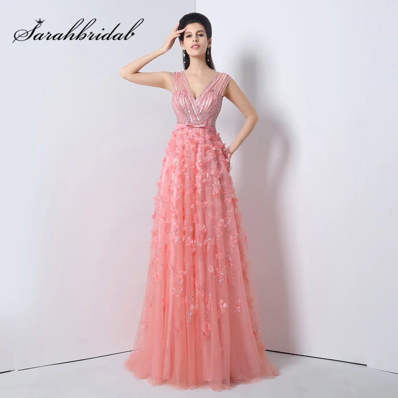 Elegant Pink Tulle V-Neck Evening Dresses Long A-Line 2017 Fashion Beading Applique Prom Gown Custom JS011 Elegant Pink Tulle V-Neck Evening Dresses Long A-Line 2017 Fashion Beading Applique Prom Gown Custom JS011