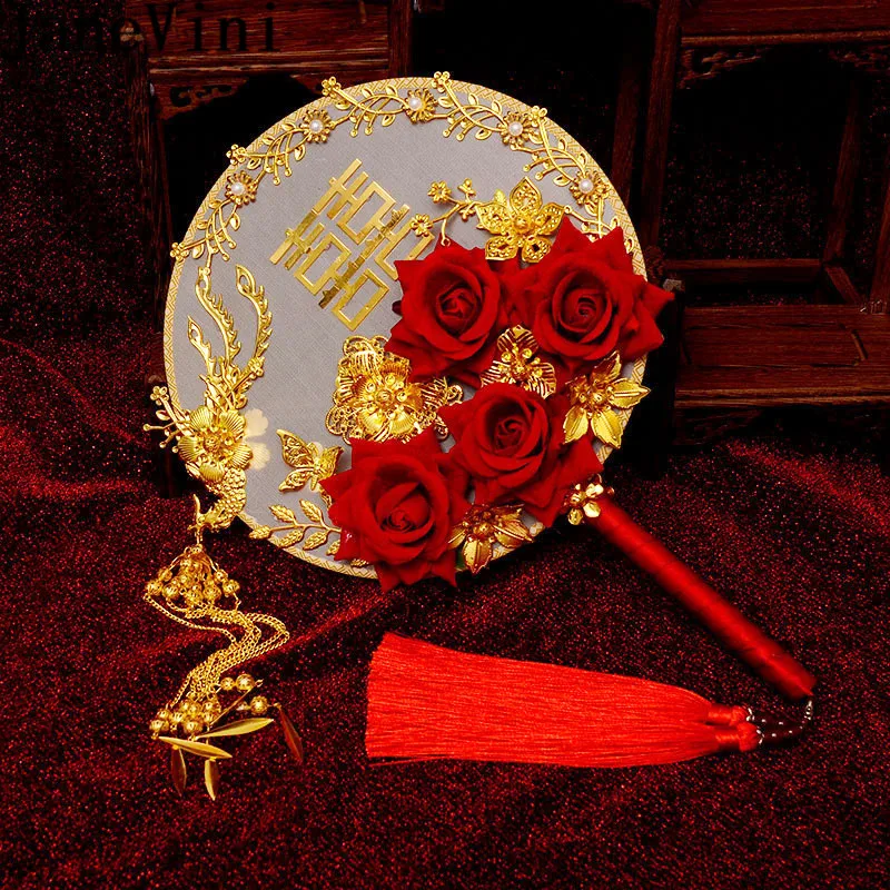 JaneVini уникальный веер типа Wdding букеты Роскошные китайские красные цветы золотой цветочный свадебный ручные вентиляторы кисточка брошь невесты Флорес
