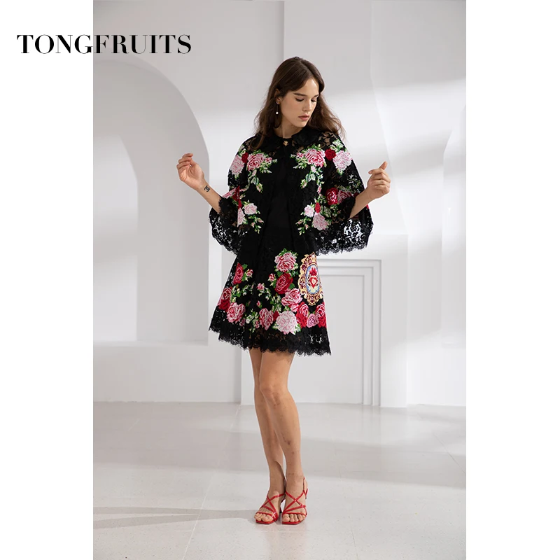 

Embroidered Cloak Fashion Runway Cloak Coat Flower Pattern Handmade Embroidered Women Shwal Batwing Sleeve Coat