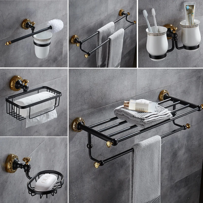 

All copper black gold bath towel rack towel rack set european-style black copper wire drawing bathroom hardware hook