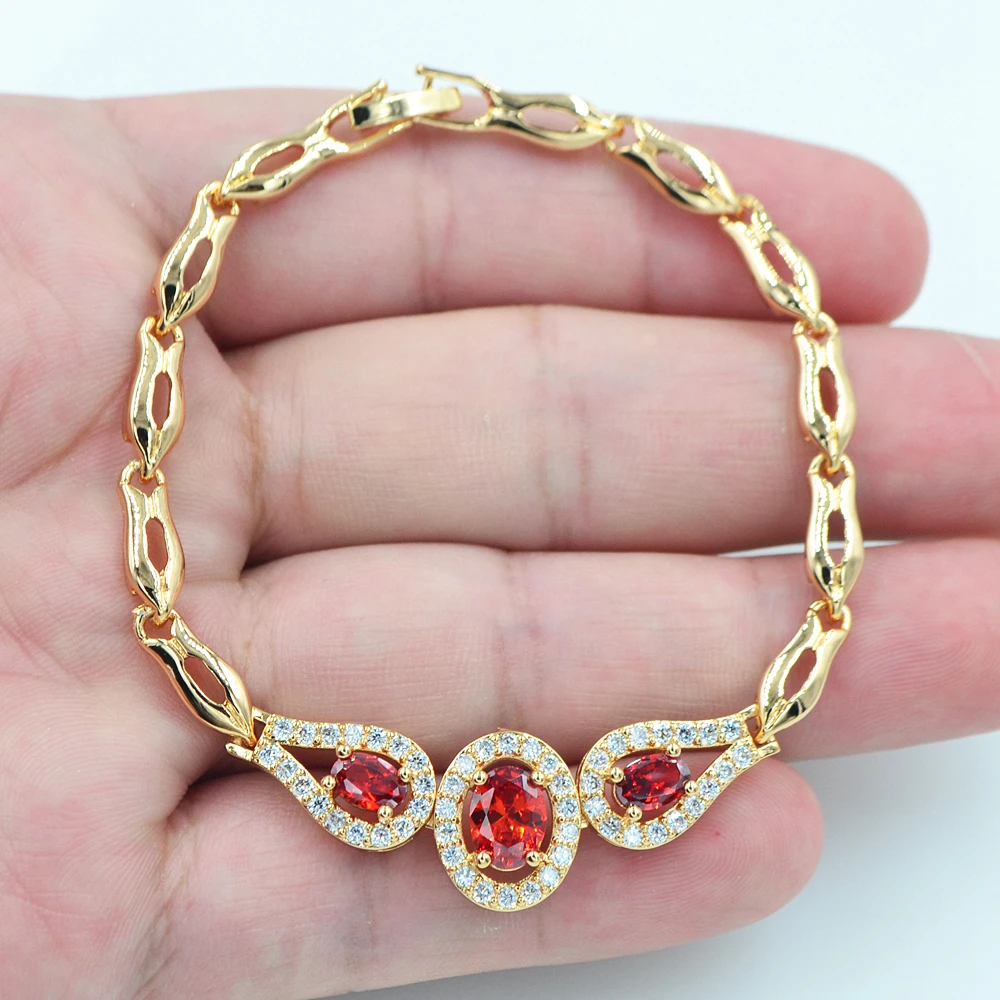 

Gold Color AAA+ Cubic Zirconia Fashion Red Oval CZ Charm Bracelet for Women