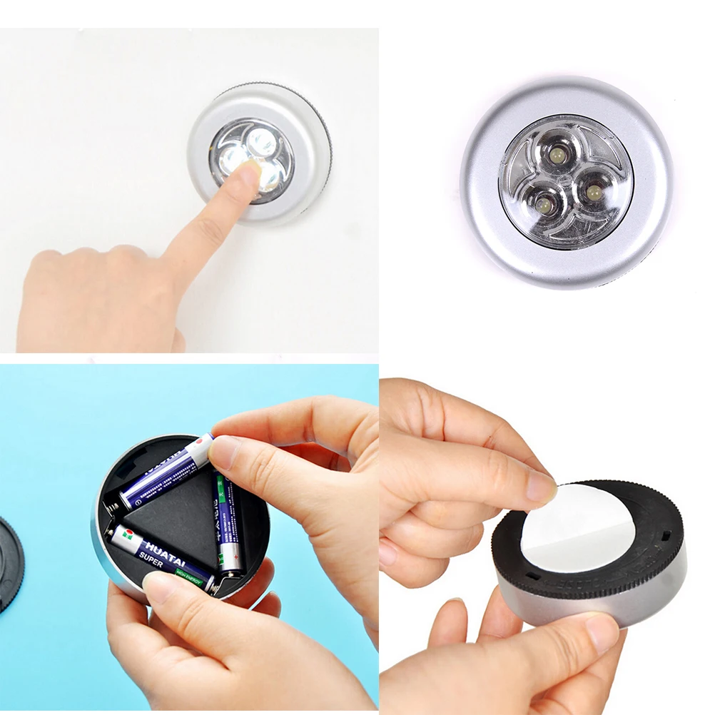 Mini Round 3 LED Push Tap Stick Convenient Touch Practical Home