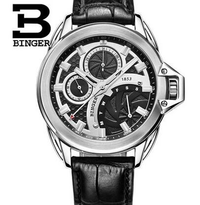 2016 New brand Binger clock male Business Real leather black vintage watch quartz men wristwatches couro
