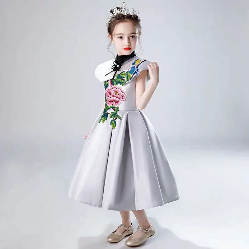 Niños Niñas de lujo chino tradicional bordado flores fiesta de noche las ceremonias de graduación vestido infantil tutú de los niños de acogida vestido - 3
