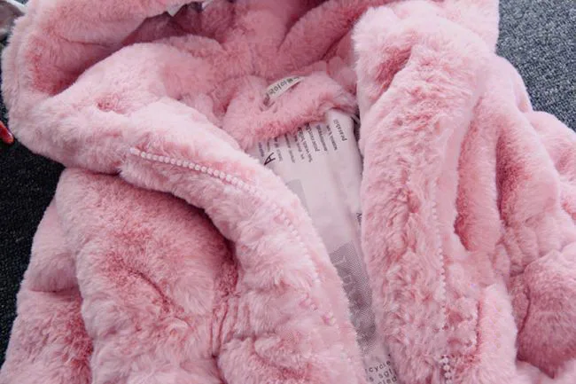 Зимние Бархатные Пальто с искусственным мехом для девочек, детская теплая куртка, детская утепленная флисовая верхняя одежда, детский зимний комбинезон с капюшоном с кроликом