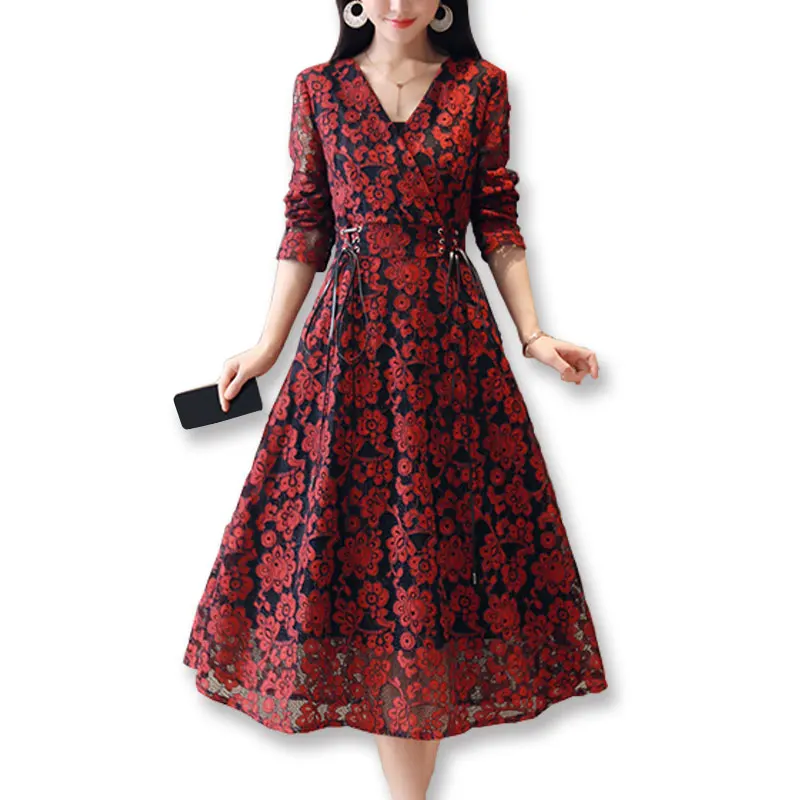 

2018 spring new retro floral lace dress temperament ladies female Slim is thin in long section of the V-neck waist A word dreses