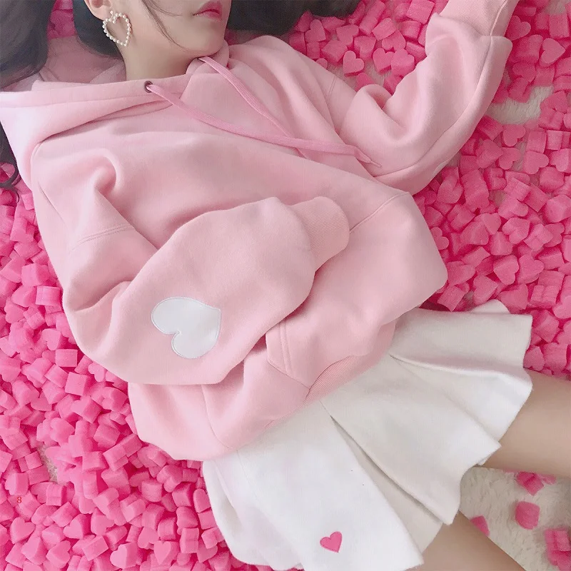 Японский сладкий розовый милый любовь размера плюс бархат с капюшоном зима Harajuku Толстовка Милые Подружки Одежда Женская толстовка